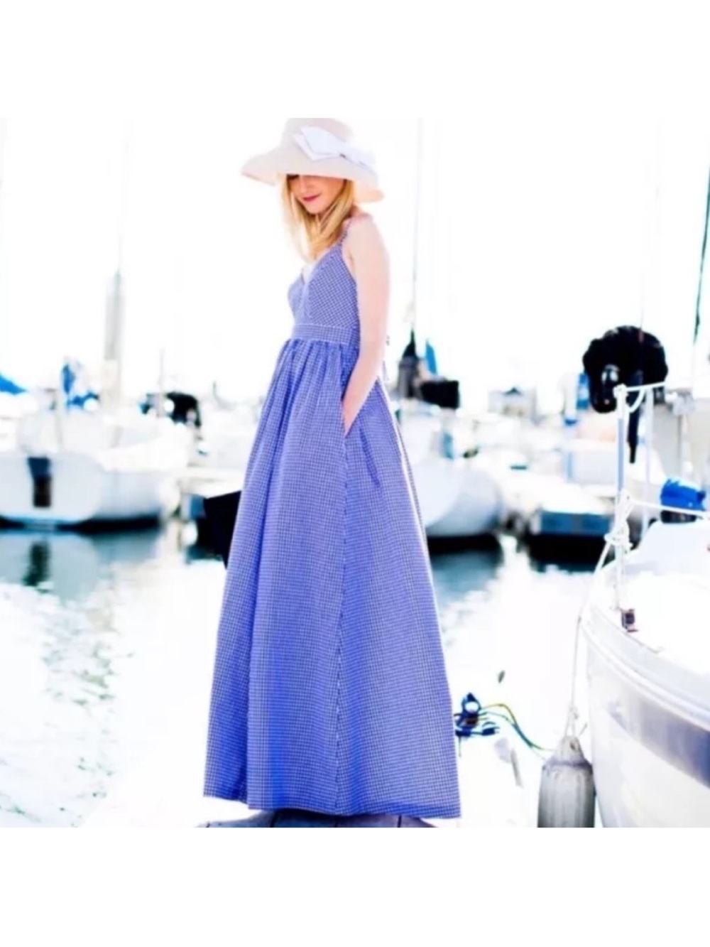 J. Crew Blue Gingham Maxi Sundress tie back, with Pockets